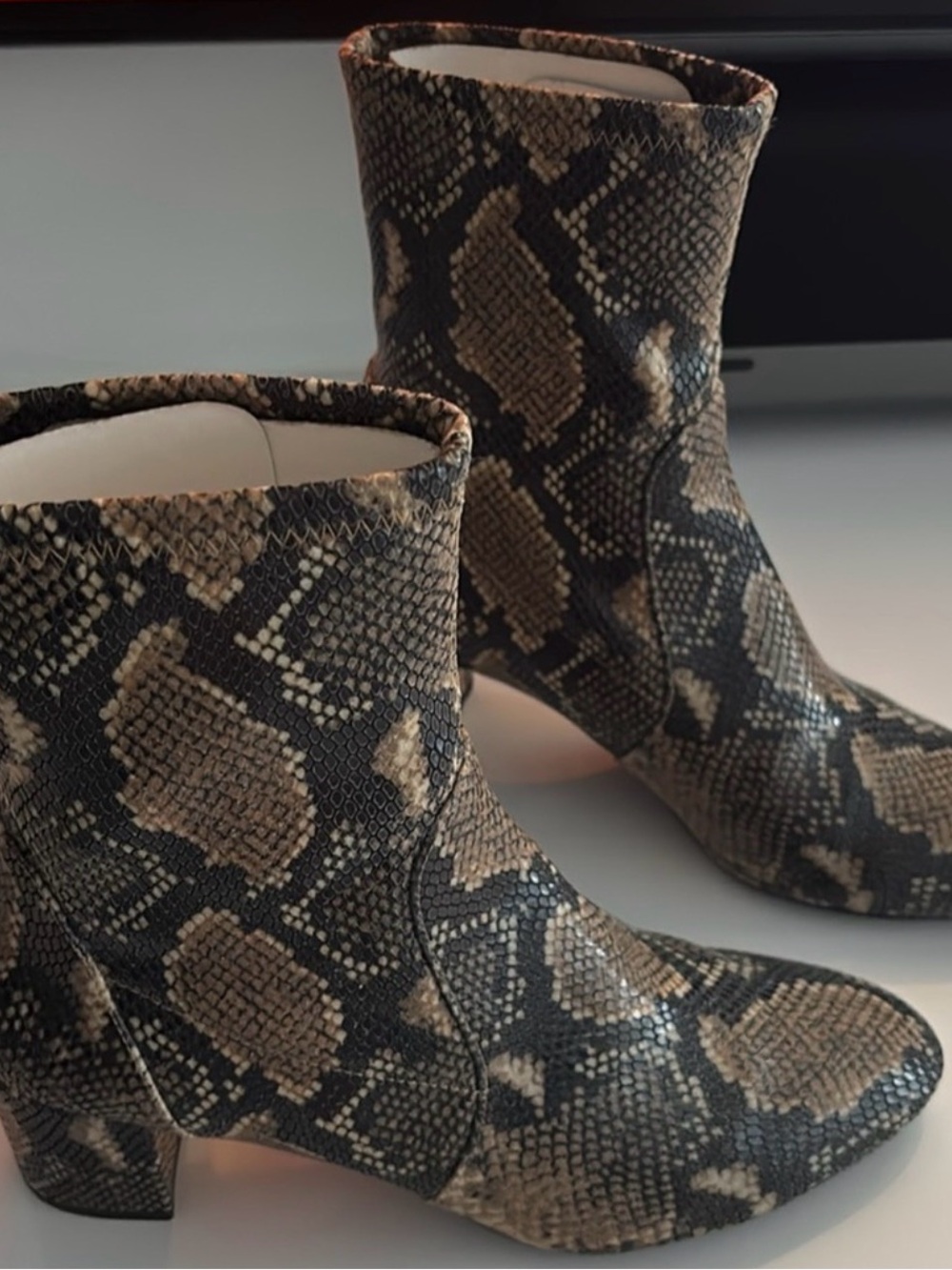 Stuart Weitzman Tan and Black Leather Snake-Print Block Heel Ankle Boots - Picture 3 of 8